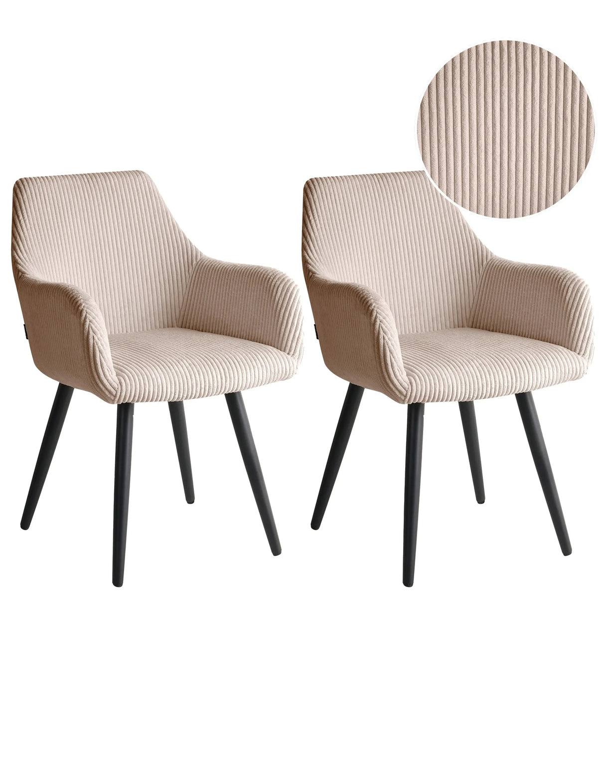 Set of 2 Corduroy Dining Accent Chairs Beige Velvet Upholstery with Armrests Metal Base Modern Design Beliani