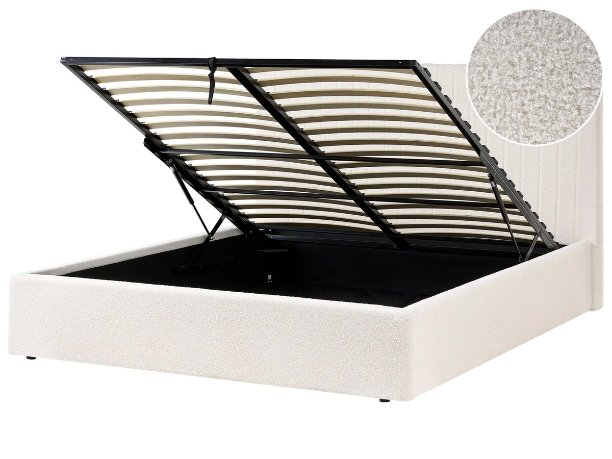 Ottoman Bed Off-White Boucle Upholstery EU King Size Tufted Headboard Storage Function Beliani