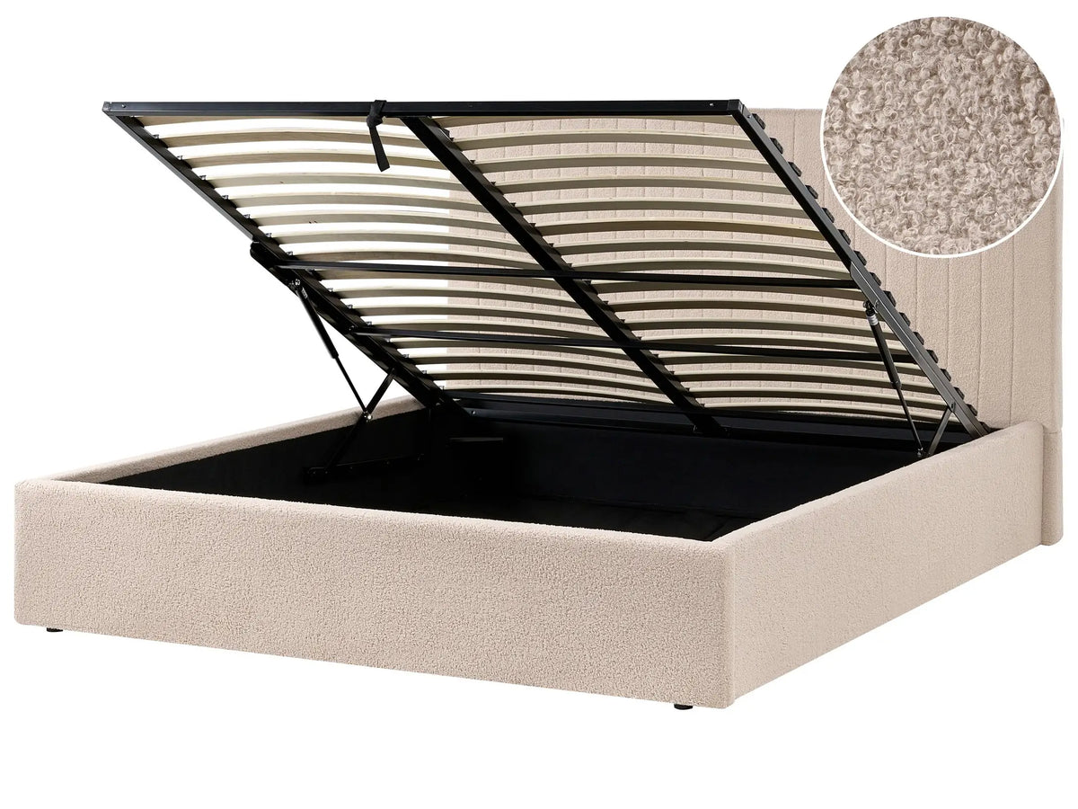 Ottoman Bed Beige Boucle Upholstery EU King Size Tufted Headboard Storage Function Beliani