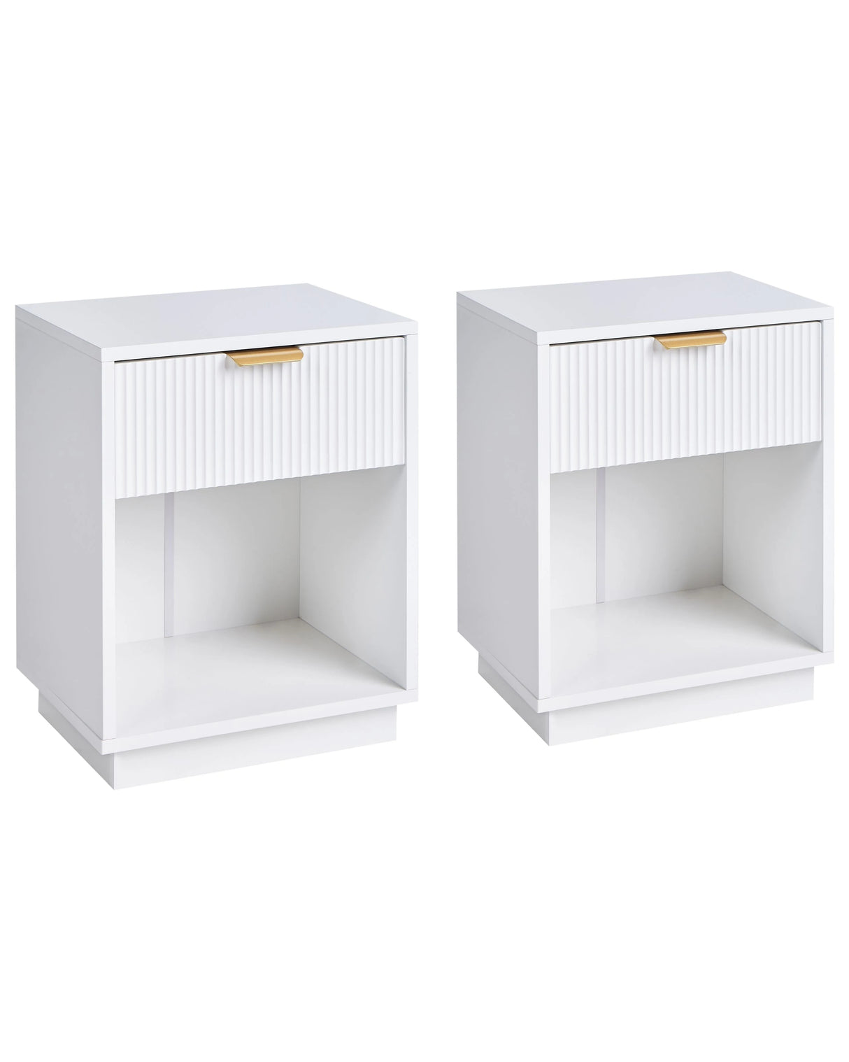 Set of 2 Bedside Table White MDF 1 Storage Drawer with Fluted Front 1 Shelf Gold Handle Modern Design Bedroom Beliani