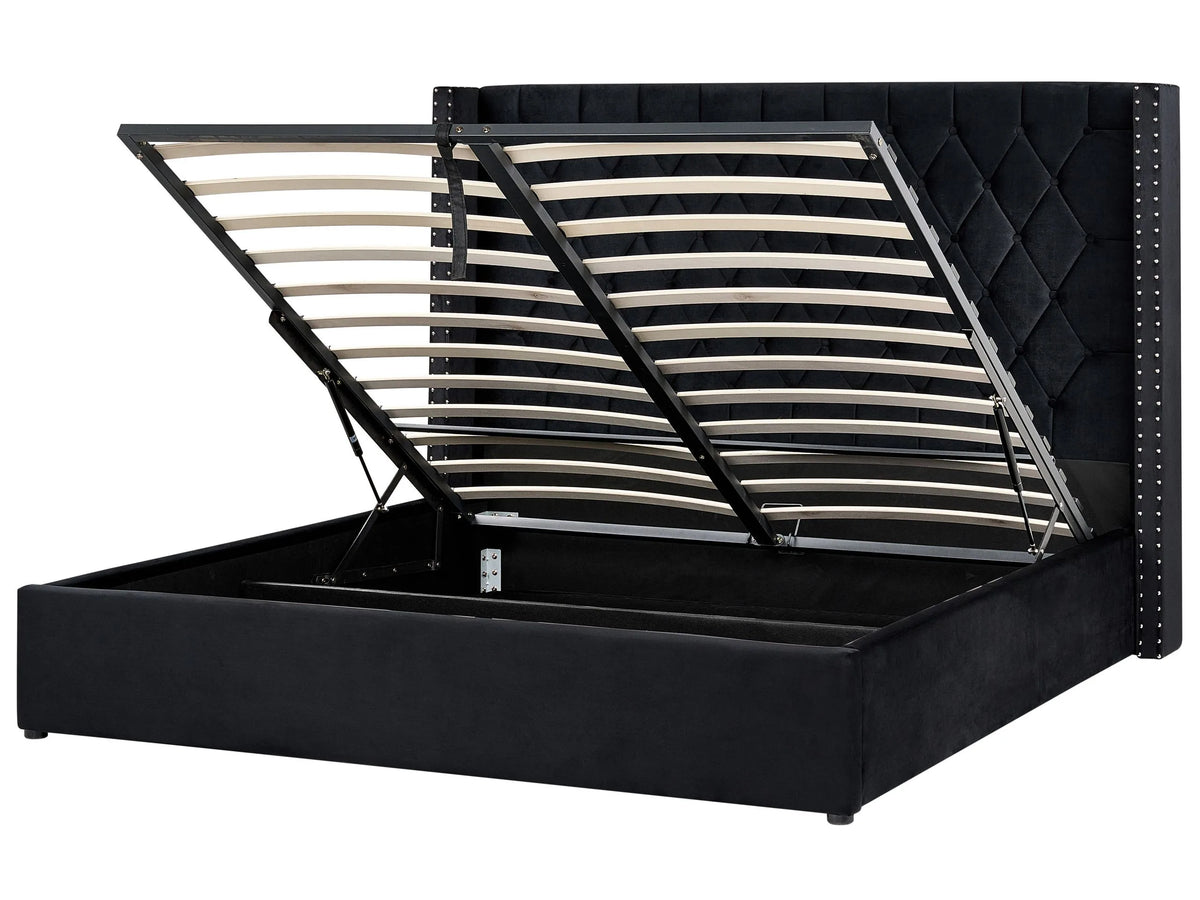 Bed Frame with Storage Black Velvet Upholstered 6ft EU Super King Size High Headboard Beliani