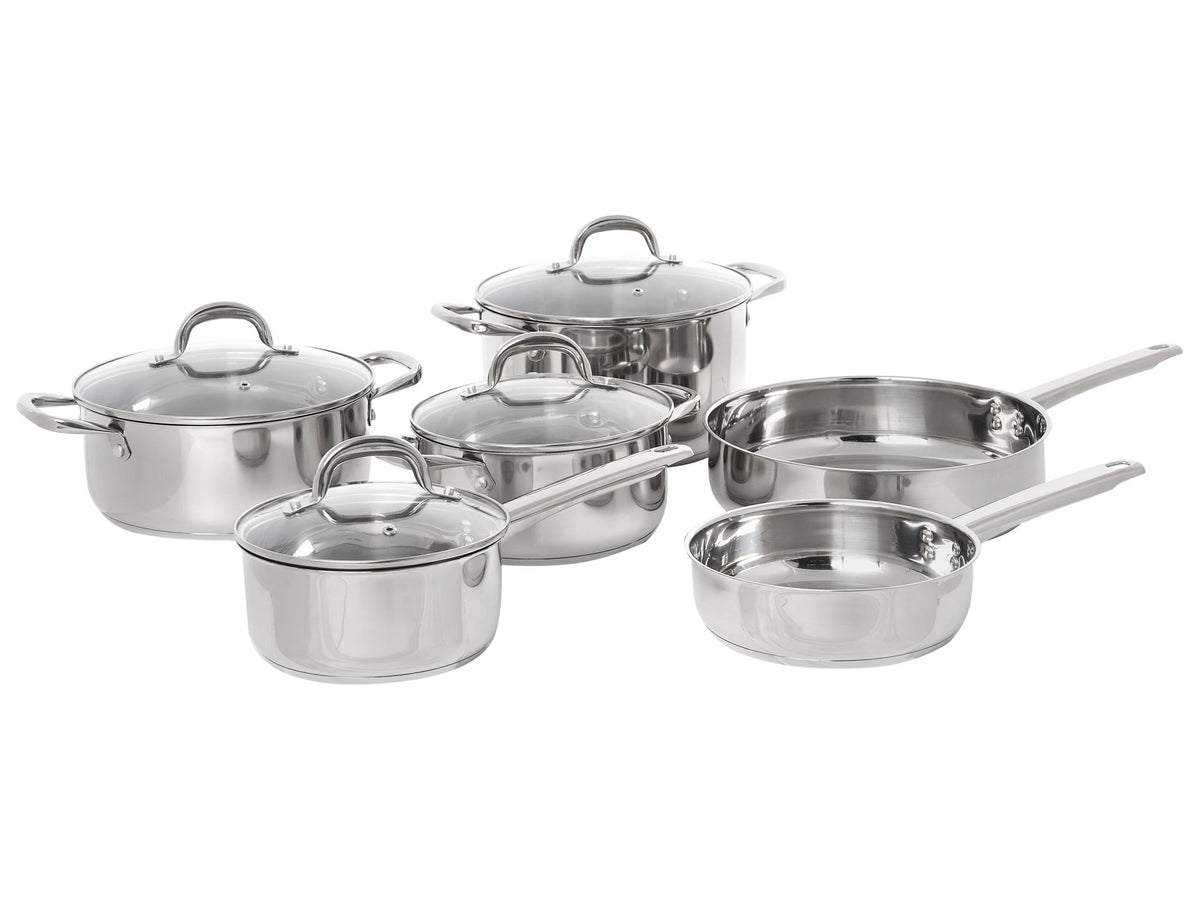 10 Piece Pot and Pan Set Silver Stainless Steel 4 Pots with Lids 2 Frying Pans Beliani