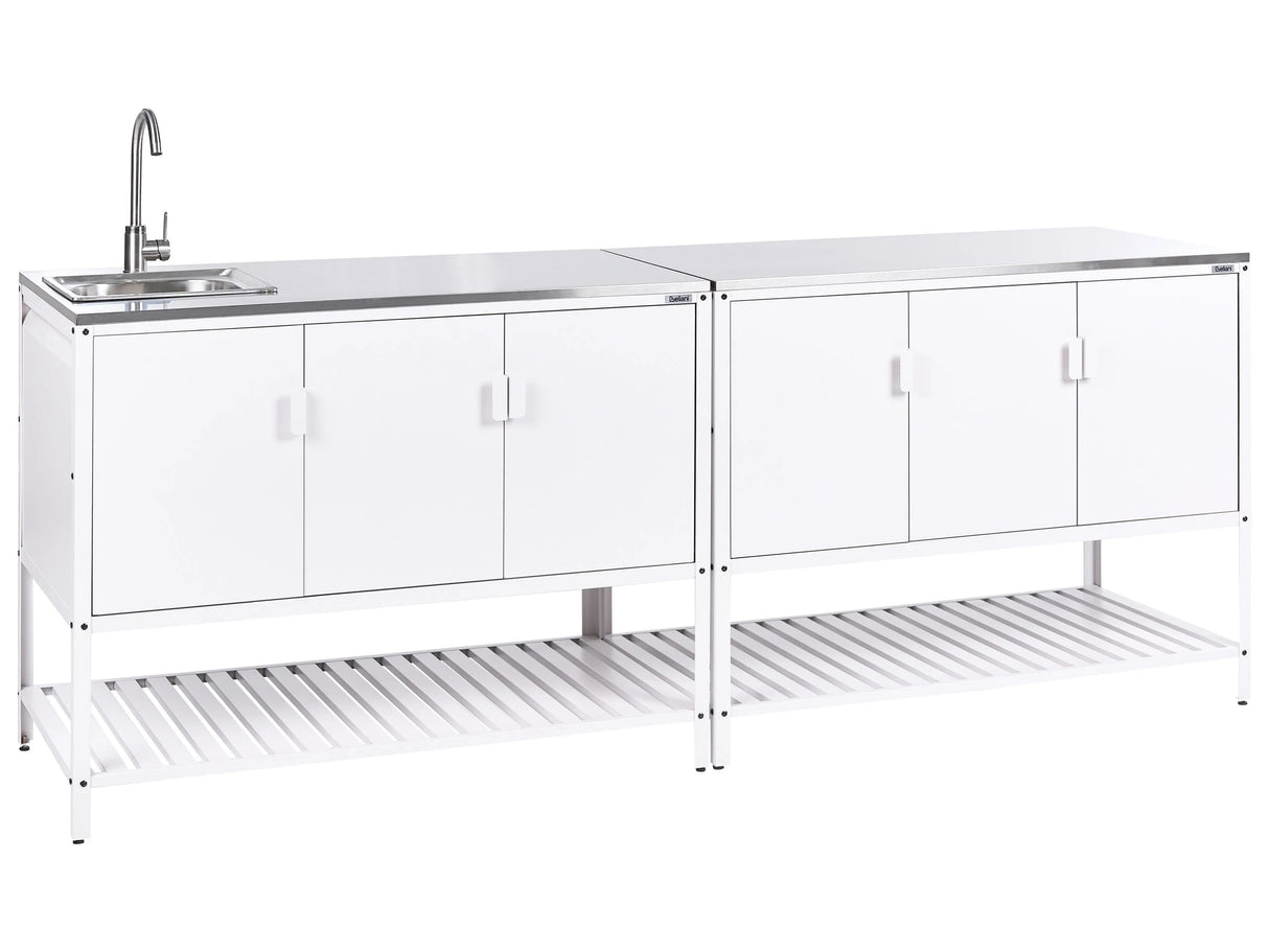 Outdoor Kitchen Cabinet White Stainless Steel 3 Door Unit with Top Garden Kitchen Dining Beliani