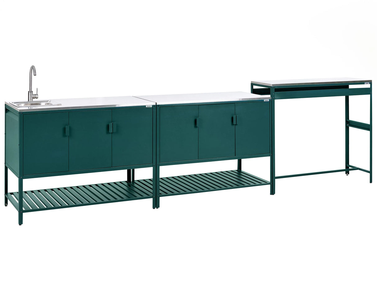 Outdoor Kitchen Cabinet Green Stainless Steel 3 Door Unit with Top Garden Kitchen Dining Beliani