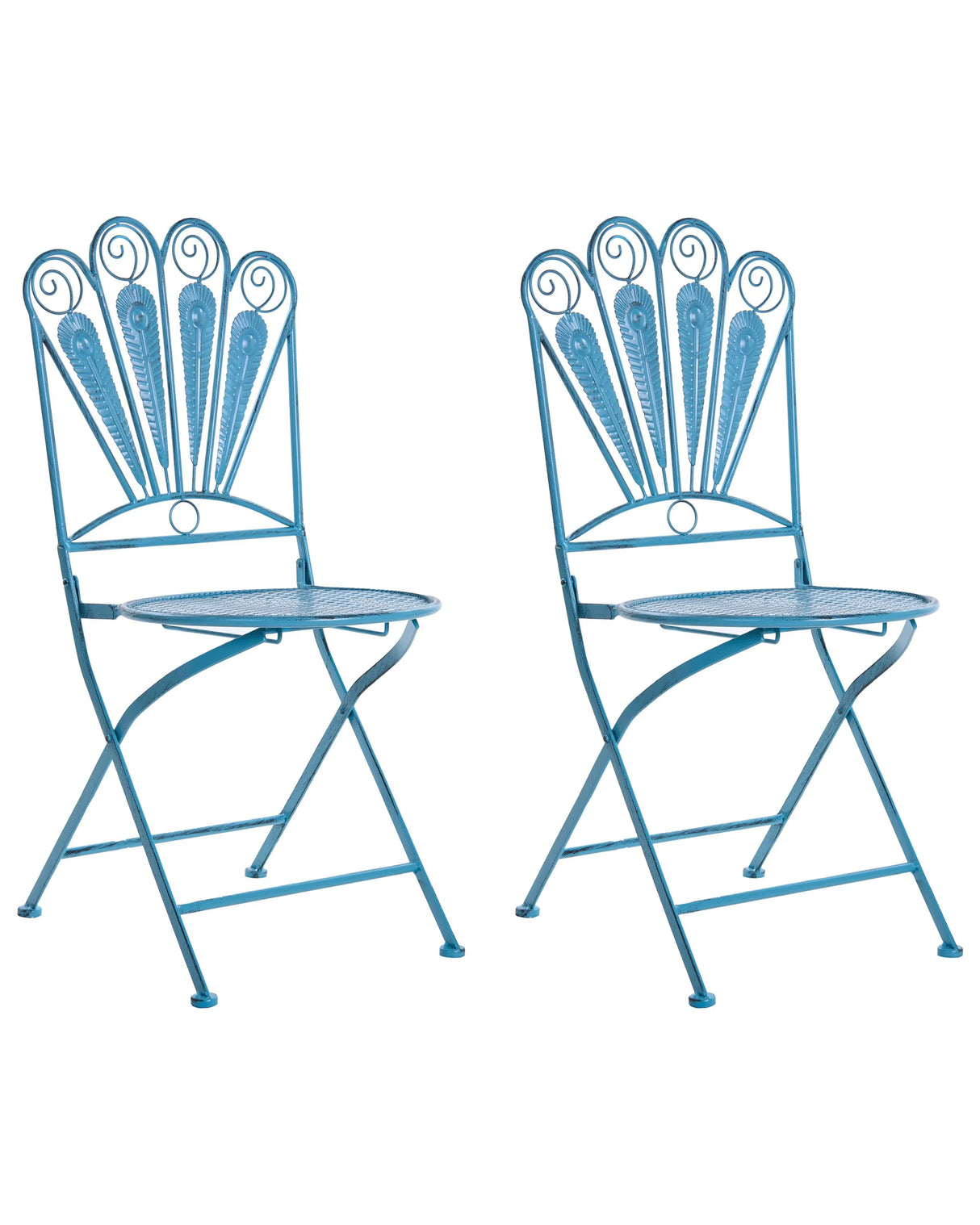 Set of 2 Garden Chairs Blue Metal Iron Frame Folding Vintage Style Outdoor Peacock Motif Distressed Effect Beliani