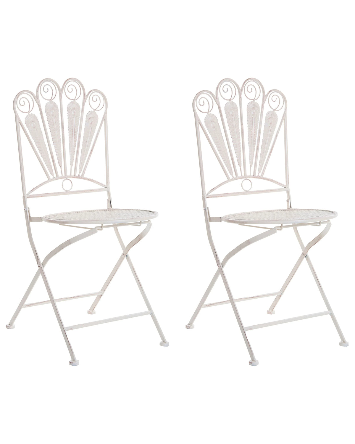 Set of 2 Garden Chairs Off-White Metal Iron Frame Folding Vintage Style Outdoor Peacock Motif Distressed Effect Beliani