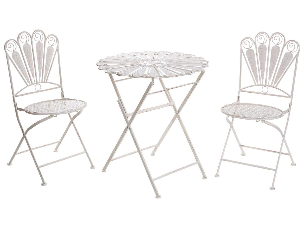 Garden Bistro Set Off-White Metal Powder Coated Table and Chairs Peacock Motif Distressed Effect Beliani