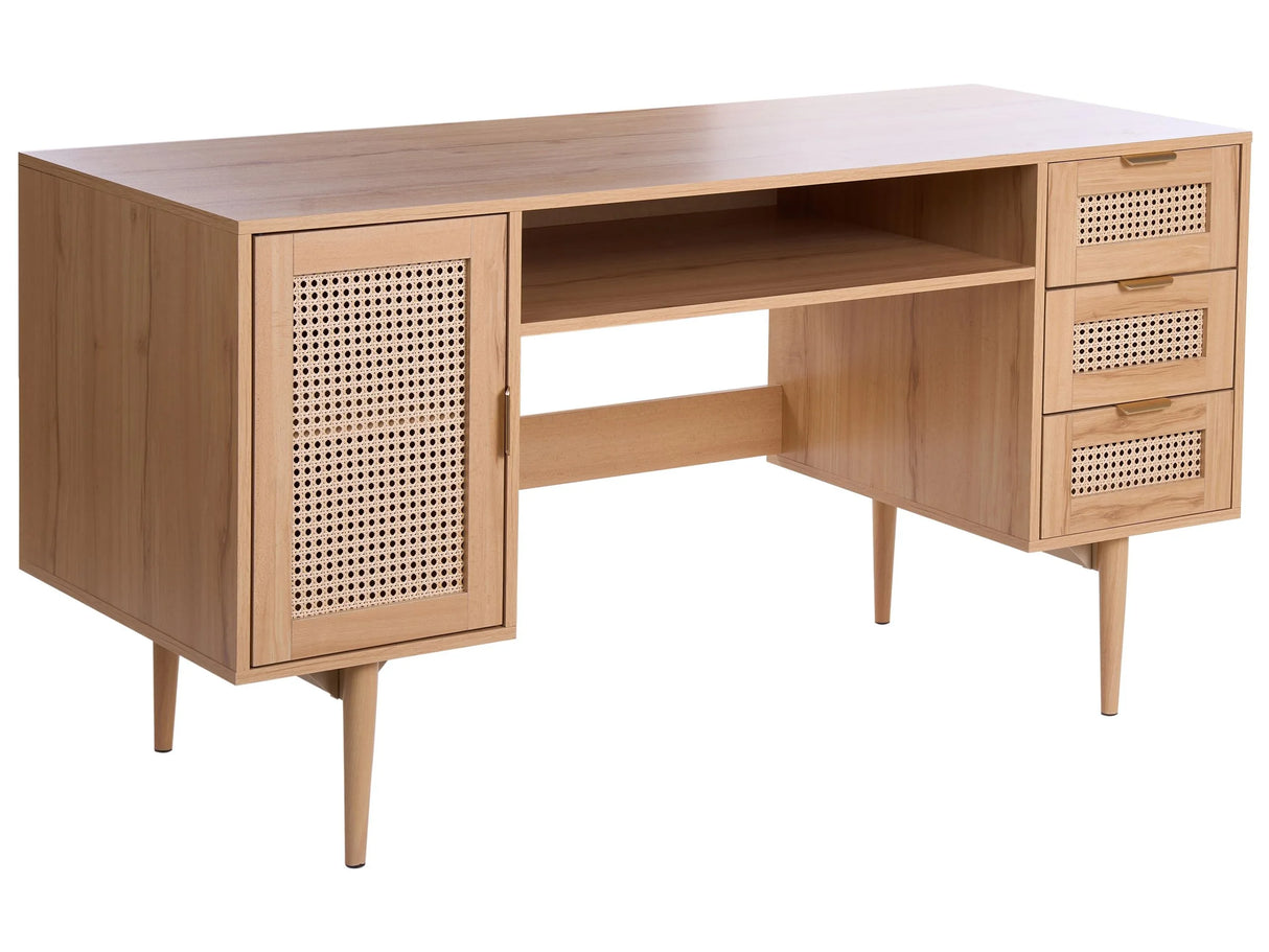 Home Office Desk MDF Light Brown PE Rattan Fronts 3 Storage Drawers 1 Door Modern Design Beliani