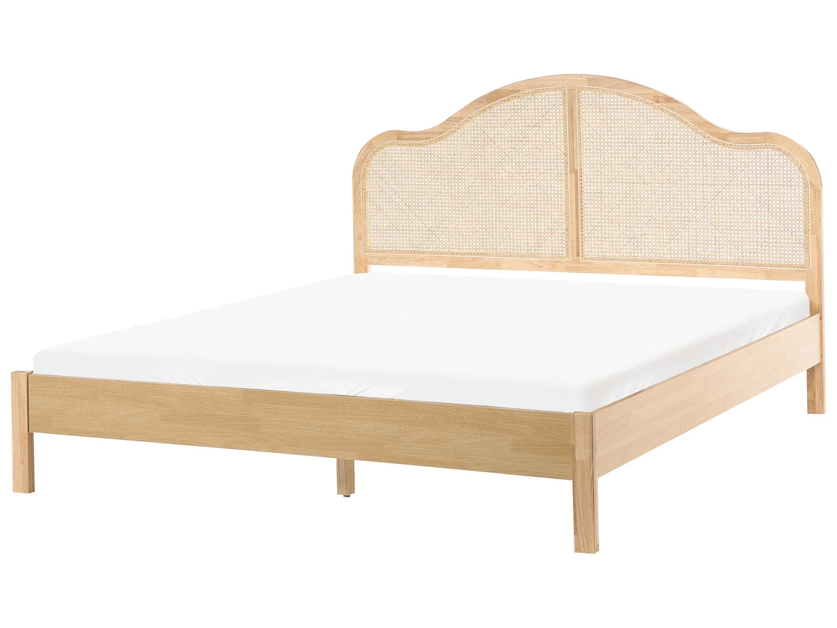 Bed Frame Light Brown Rubberwood EU Super King Size 6ft with High Rattan Headboard Boho Style Beliani