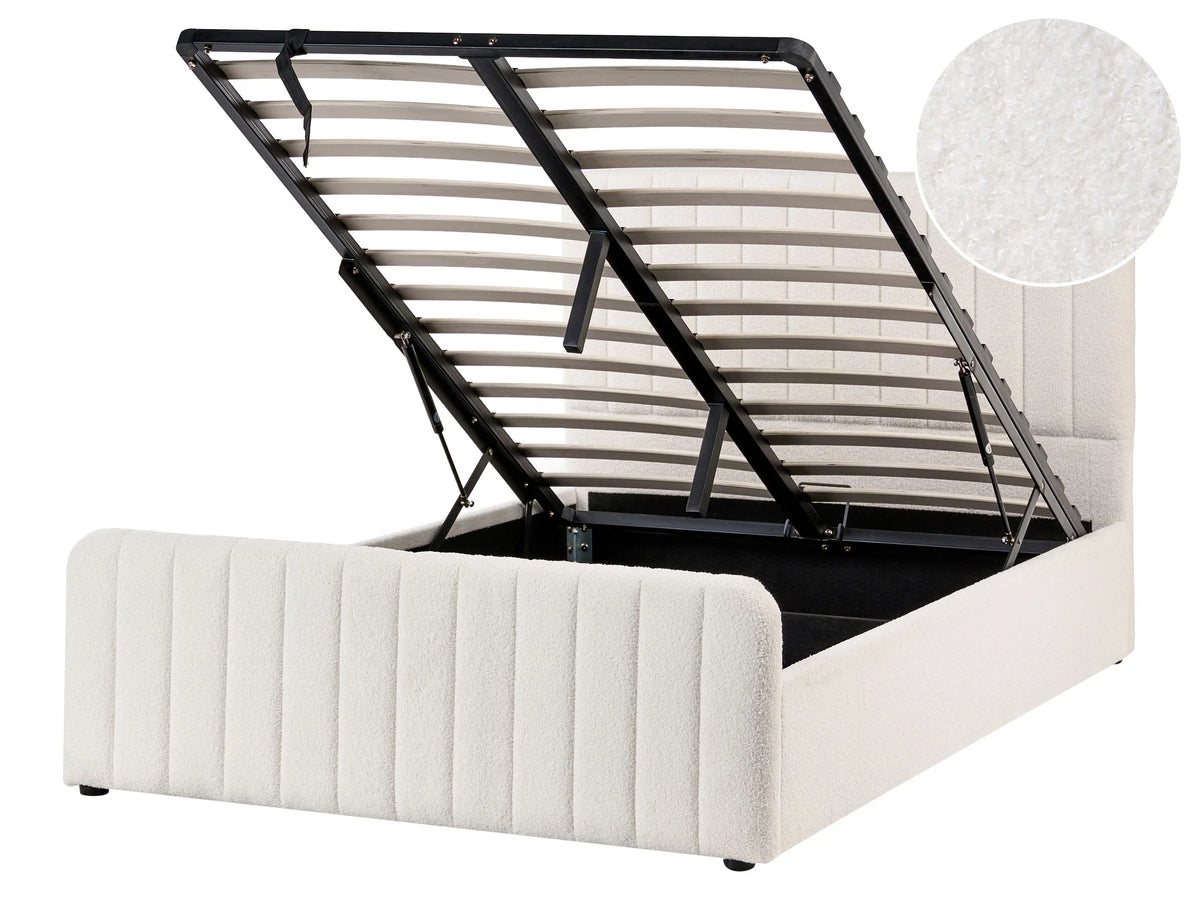 Ottoman Bed White Boucle Upholstered EU Small Double Size With Headboard and Footboard Lift- Up Storage Beliani