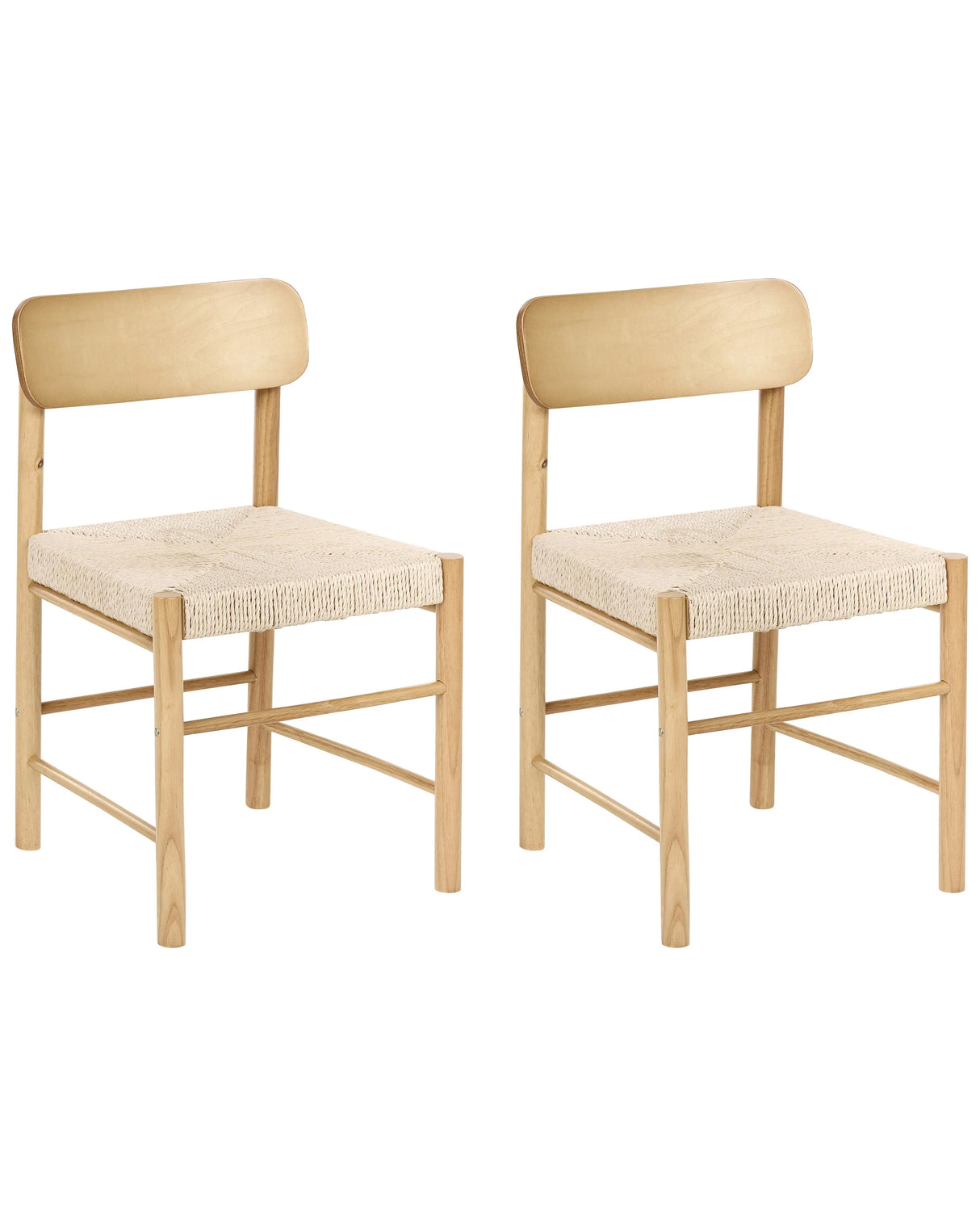 Set of 2 Dining Chairs Light Brown Rubberwood Paper Rope Woven Seat Boho Style Kitchen Dining Room Beliani