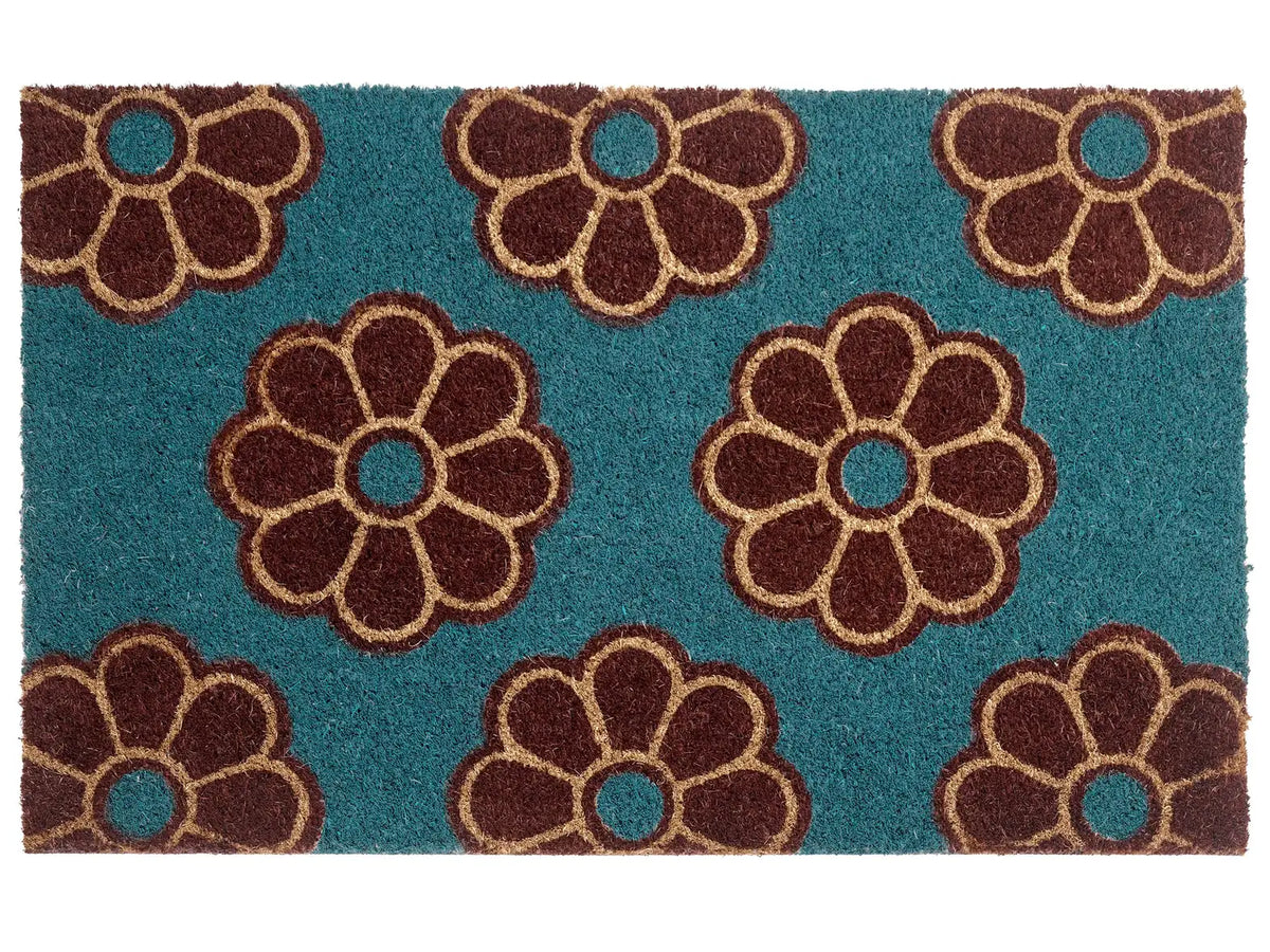Doormat Blue Coir with Anti-Slip Bottom 50 x 80 cm Anti Slip Decoration Floral Pattern Welcome Mat Beliani