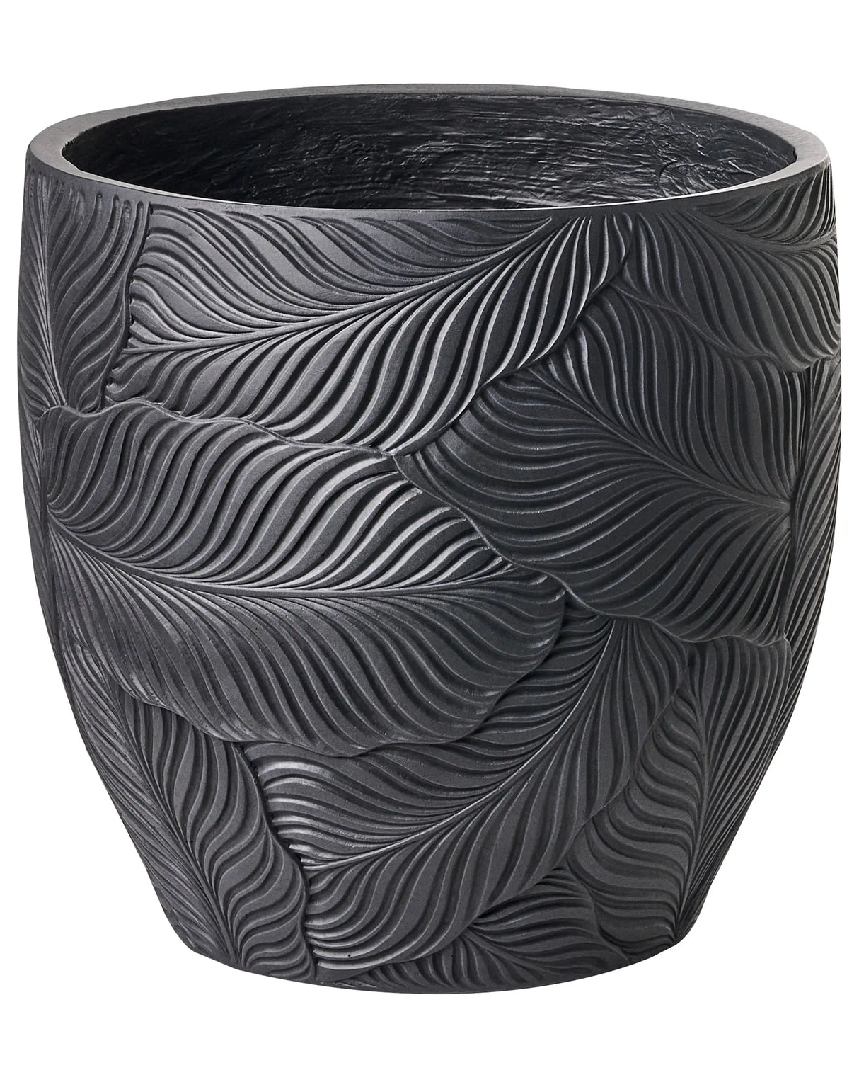 Flower Pot Black Fibre Clay Painted Indoor and Outdoor Planter Round 47 x 47 x 43 cm Leaf Pattern Modern Design Living Room Garden Beliani