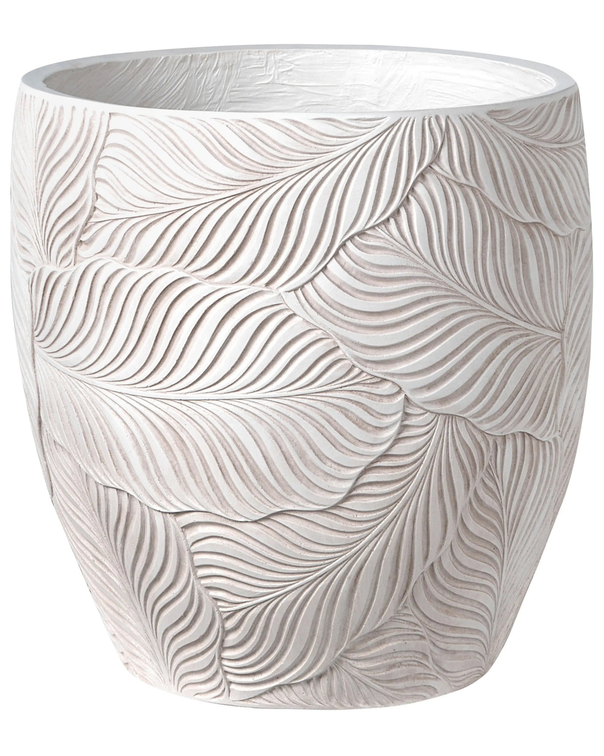 Flower Pot Light Beige Fibre Clay Painted Indoor and Outdoor Planter Round 42 x 42 x 42 cm Leaf Pattern Modern Design Living Room Garden Beliani