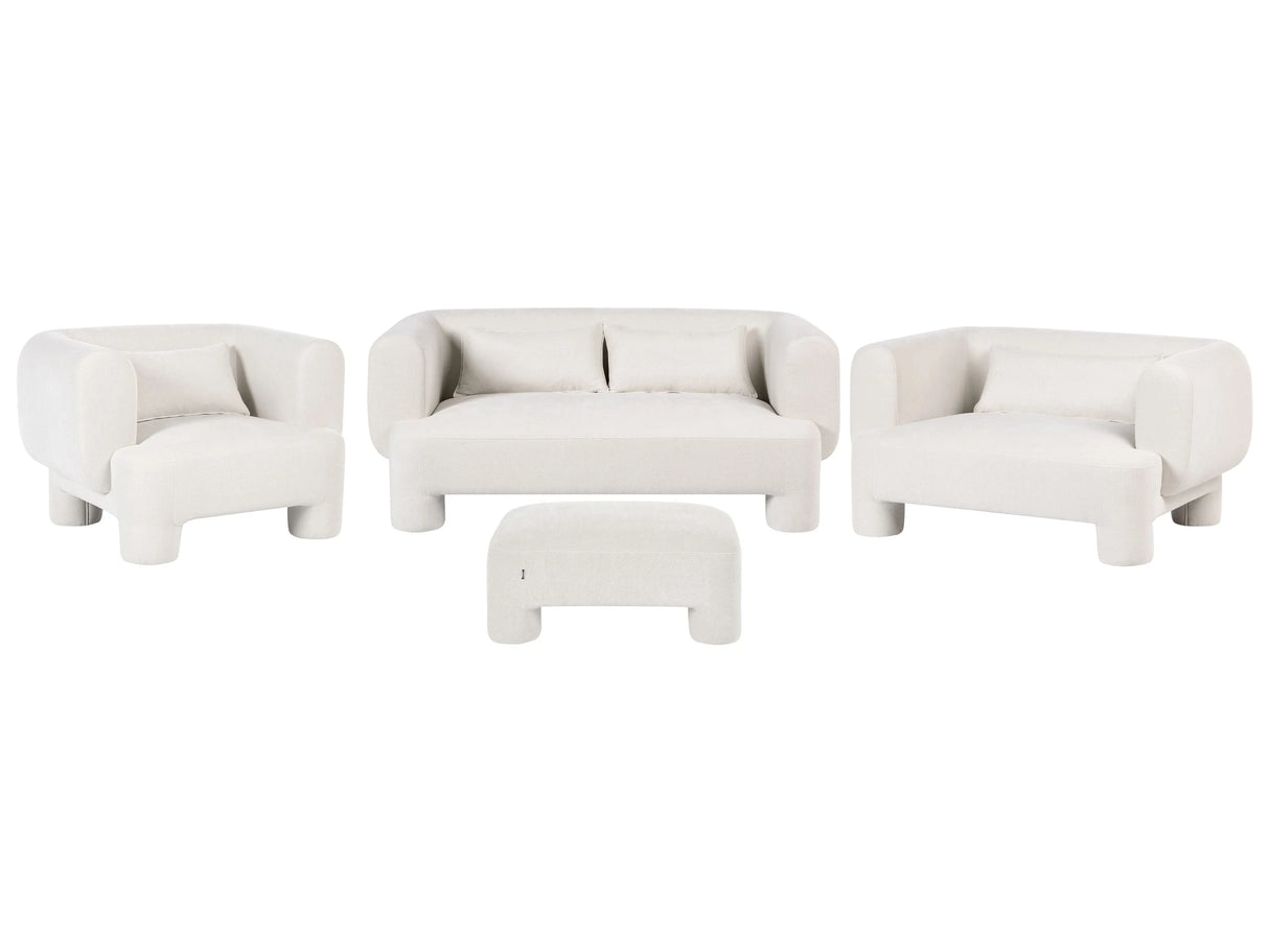 Living Room Set White Fabric Soft Curved 3 Seater Sofa Loveseat Armchair Ottoman Retro Minimalist Beliani