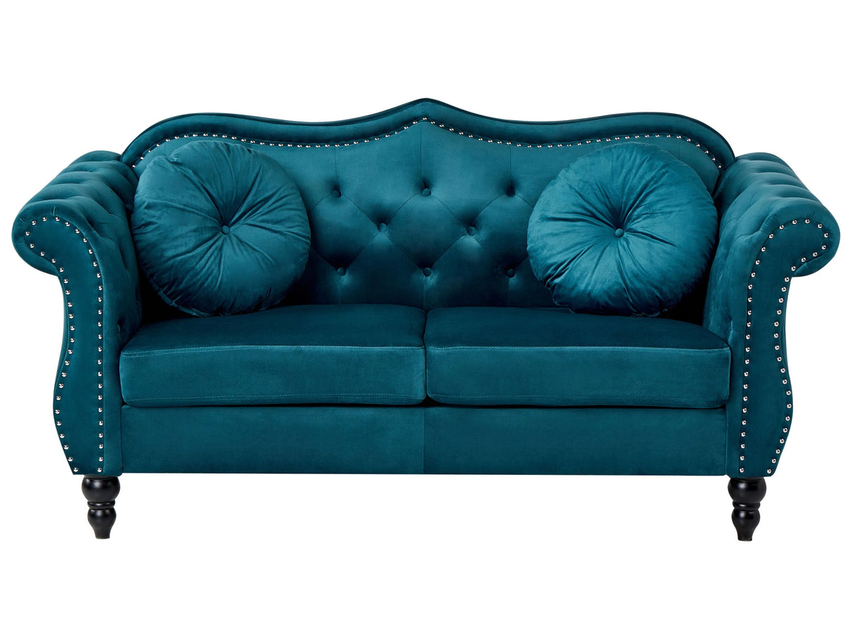Sofa Teal Velvet 2 Seater Nailhead Trim Button Tufted Throw Pillows Rolled Arms Glam Beliani