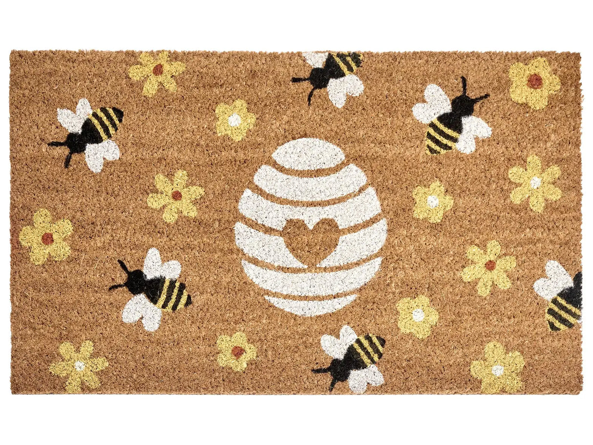 Doormat Natural Coir with Anti-Slip PVC Bottom 50 x 80 cm Decoration Bees and Flowers Pattern Beliani