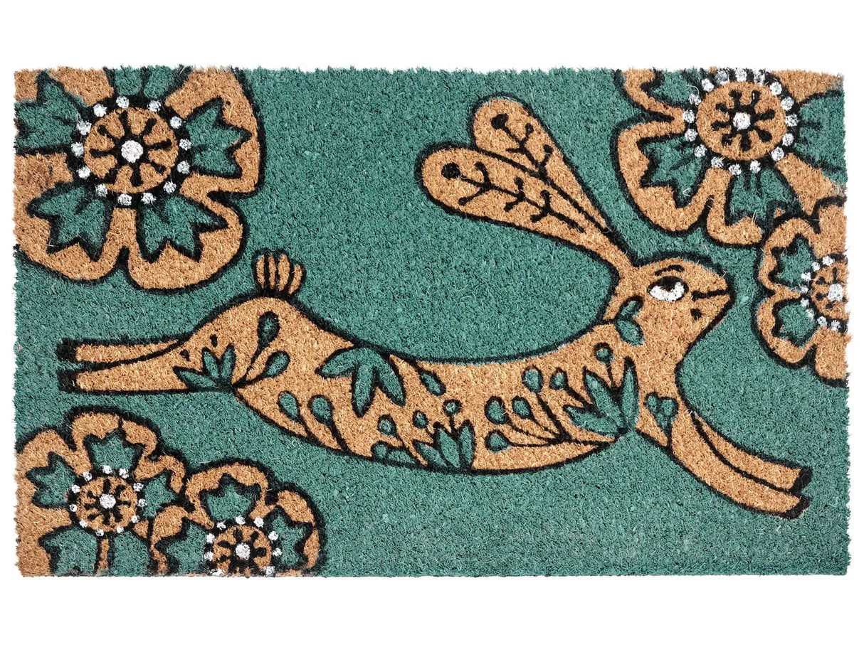 Doormat Teal Natural Coir PVC Backing Anti-Slip 45 x 75 cm Rabbit Motif Modern Indoor Outdoor Decoration Beliani