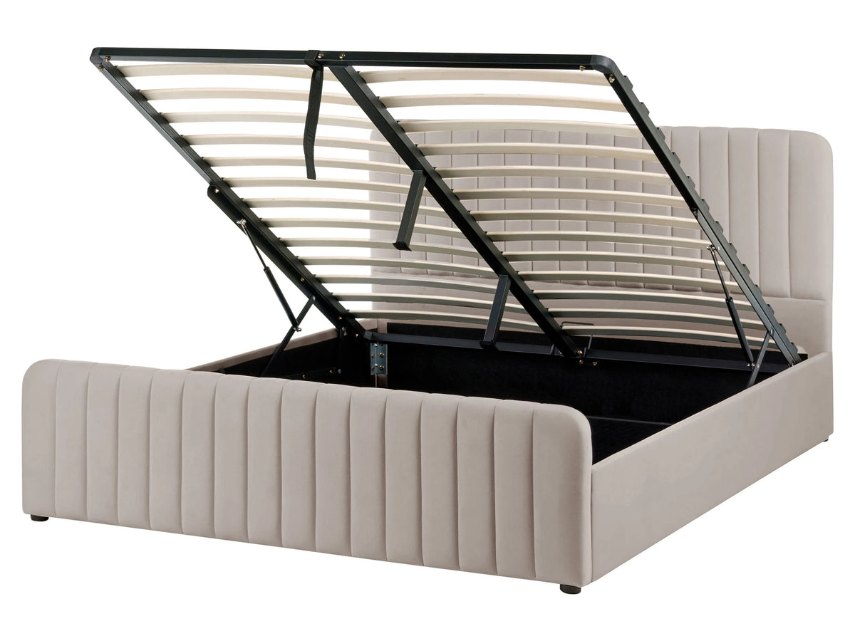 Ottoman Bed Taupe Fabric Upholstered EU King Size With Headboard and Footboard Lift- Up Storage Beliani