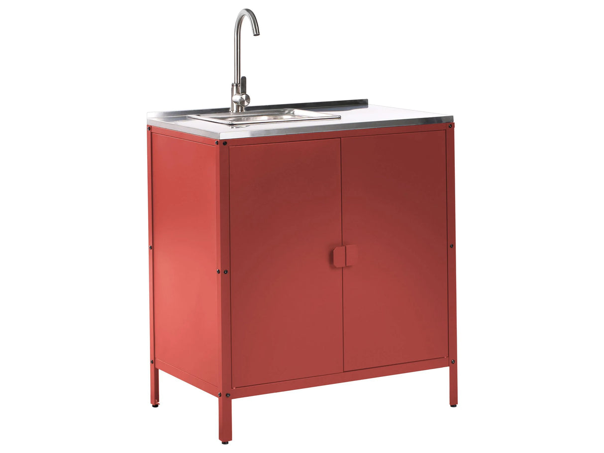 Outdoor Kitchen Cabinet Red Stainless Steel 2 Door Unit with Sink Single Lever Spot with Top Garden Kitchen Dining Beliani