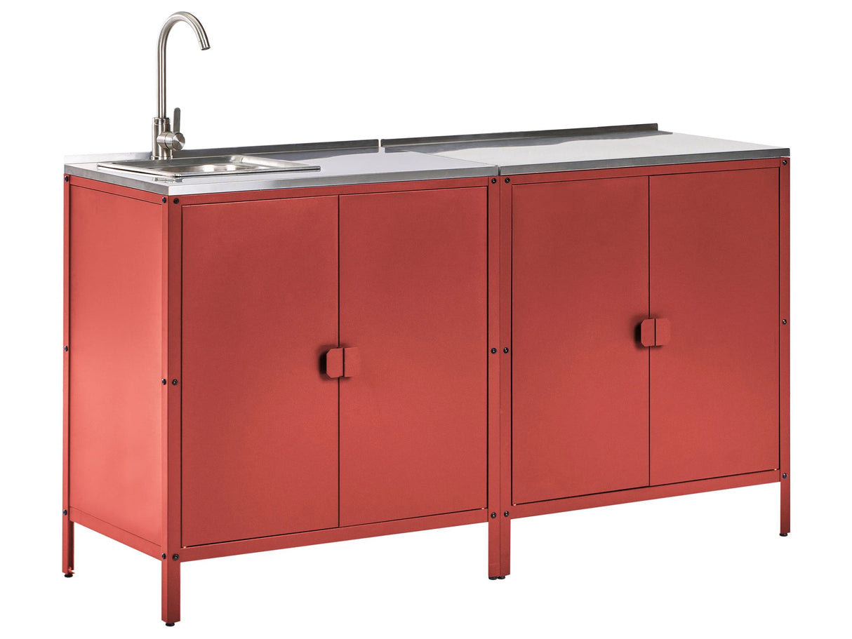 2 Piece Outdoor Kitchen Set Red Stainless Steel 2 Cabinets Sink Single Lever Outdoor Kitchen Cooking Station Beliani