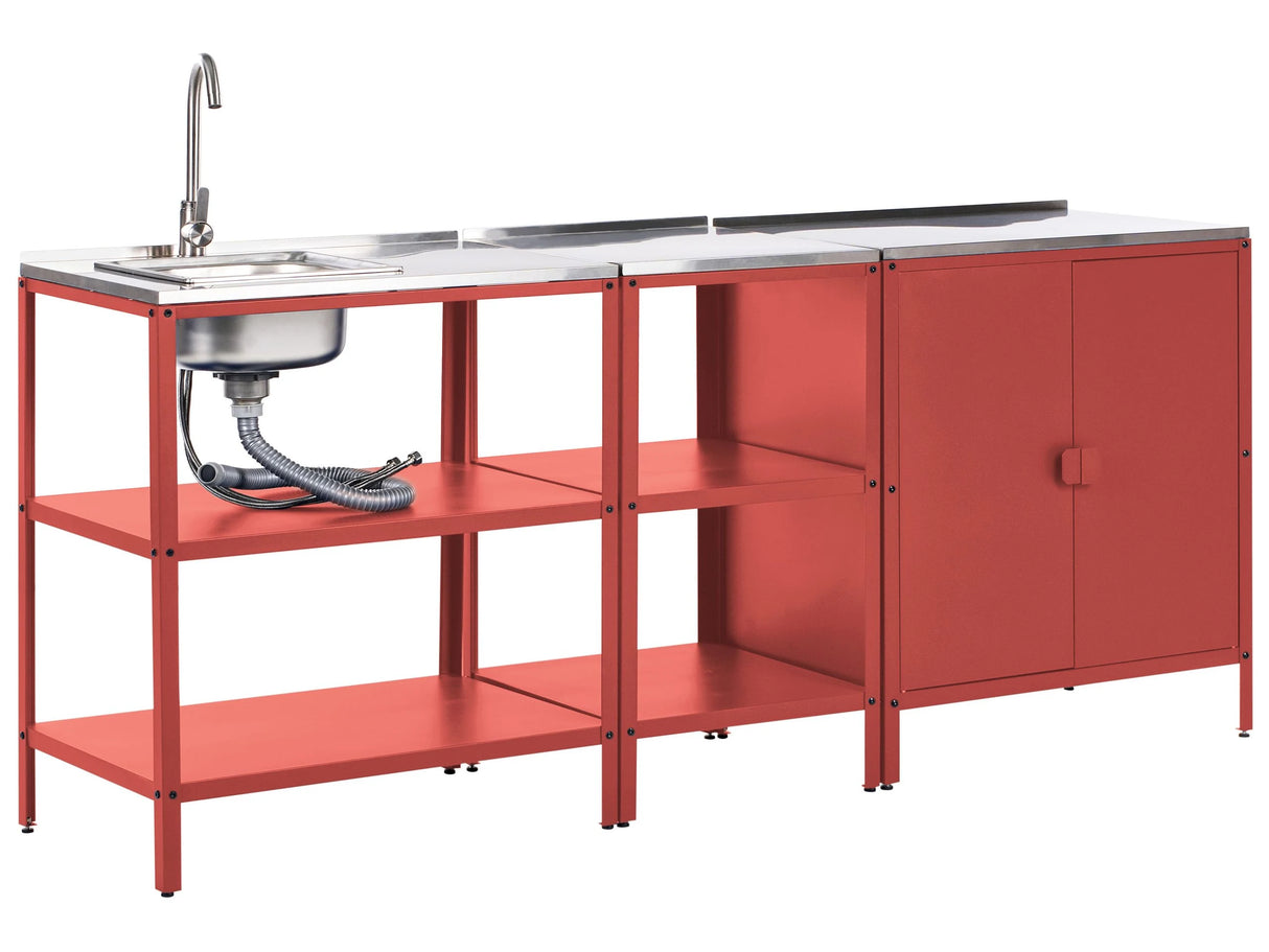 3 Piece Outdoor Kitchen Set Red Stainless Steel 2 Storage Islands Cabinet Sink Single Lever Outdoor Kitchen Cooking Station Beliani