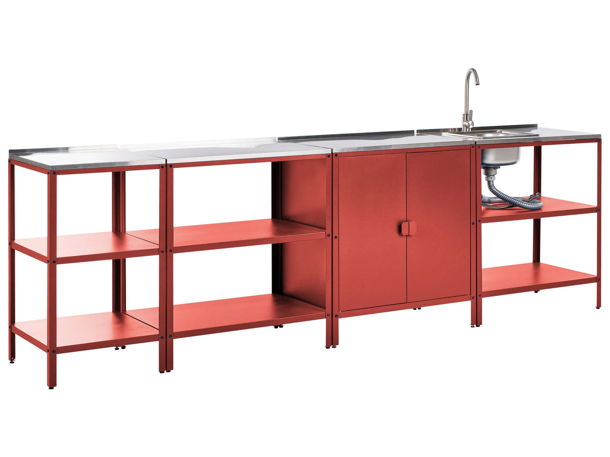 4 Piece Outdoor Kitchen Set Red Stainless Steel 3 Kitchen Storage Island and Cabinet Sink Single Lever Outdoor Kitchen Cooking Station Beliani