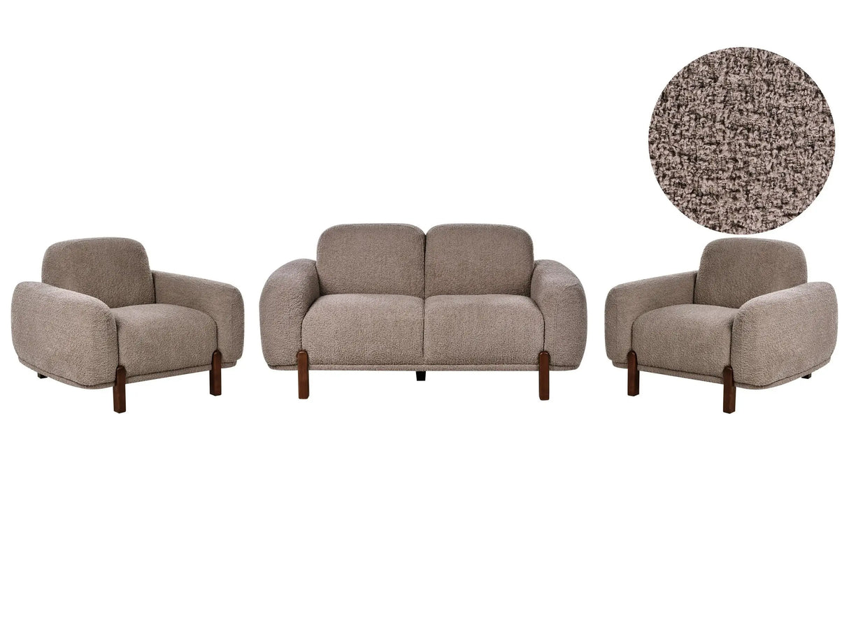 4 Seater Living Room Set Taupe Boucle Upholstery 2 Seater Sofa and 2 Armchairs Soft Modern Organic Low Curvilinear Beliani