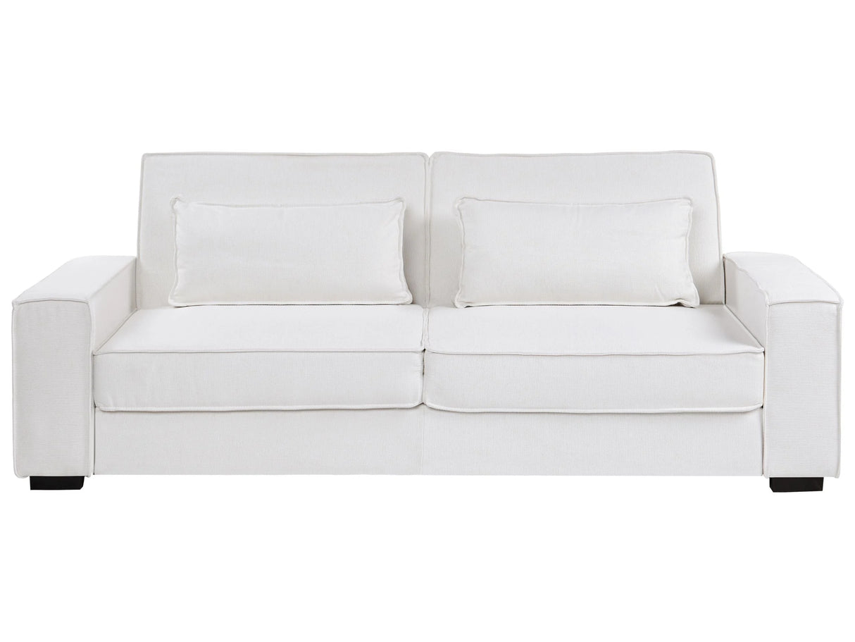 Sofa Bed White Fabric Upholstery Plastic Legs 3 Seater with Cushions Click-Clack Sleeping Mechanism Living Room Bedroom Beliani
