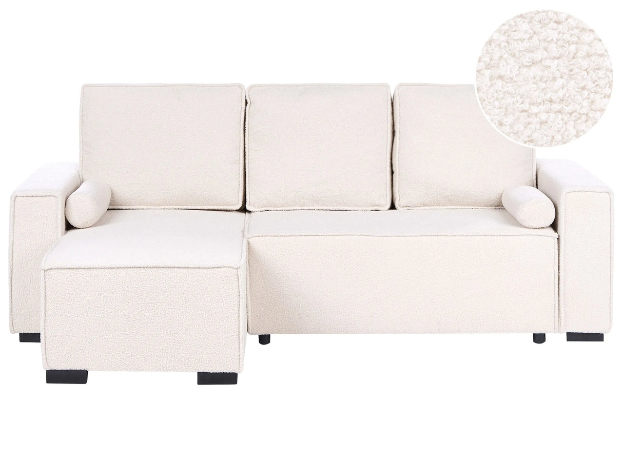 3 Seater Corner Sofa Bed Light Green Boucle Upholstery Right Handed with Storage Armrests Reversible Modern Style Living Room Beliani