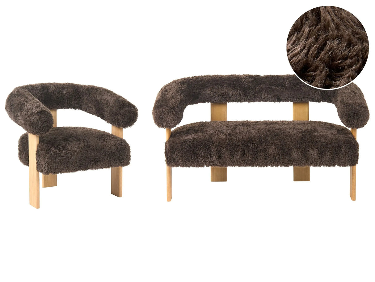 Sofa Set Dark Brown and Light Brown 2 Seater Armchair Faux Fur Upholstery Retro Design Wooden Legs Living Room Beliani