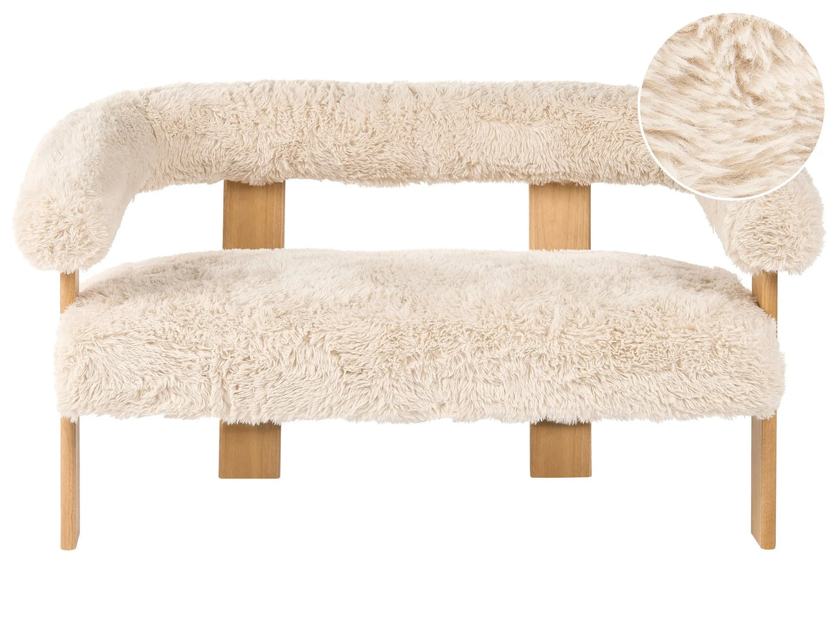 2 Seater Sofa Off-White Faux Fur Upholstery Retro Design Light Brown Wooden Legs Living Room Beliani
