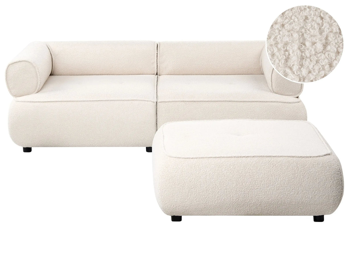3 Seater Sofa with Ottoman Off-White Boucle Rolled Armrests Quality Upholstery Couch Tufted Seat with Footstool Mid-Century Modern Style Living Room Beliani