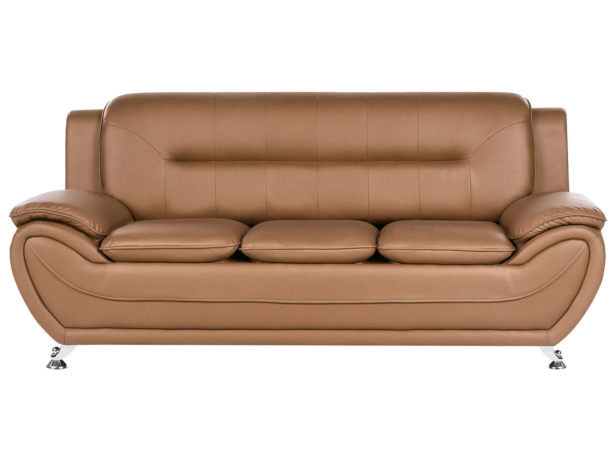 3 Seater Sofa Golden Brown Vegan Eco Leather Couch Arms Silver Metal Legs Easy Clean Modern Glam Style Living Room Beliani