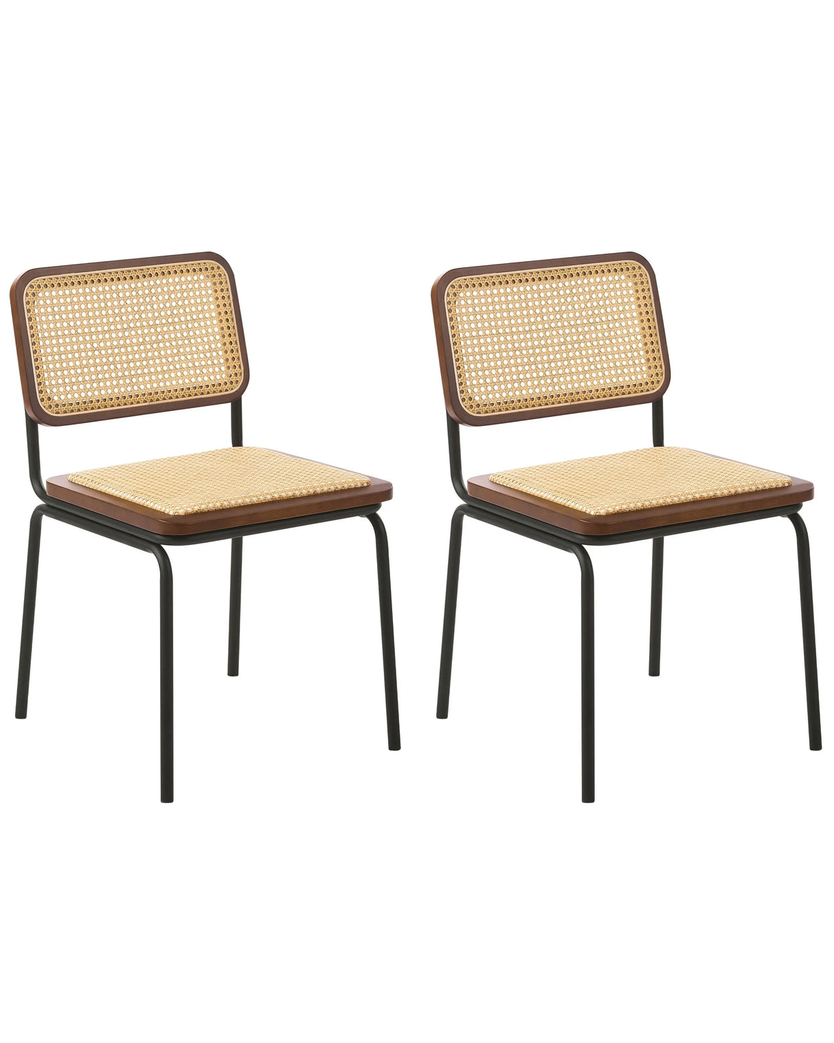 Set of 2 Dining Chairs Brown PE Rattan Seat and Backrest Iron Legs Armless Protective Caps Modern Boho Design Beliani