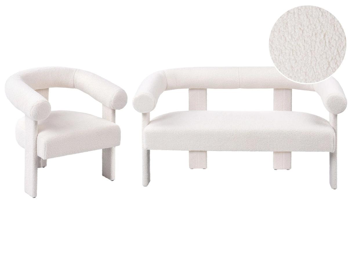 Sofa Set Off-White Boucle Fully Upholstered 2 Seater Armchair Retro Design Living Room Beliani