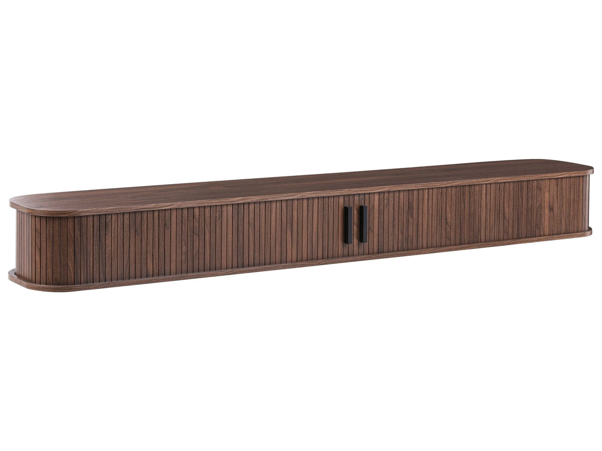 Wall Mounted TV Stand Dark Brown MDF Paper Venner Slatted Fronts Sliding Doors Floating Media Cabinet Beliani