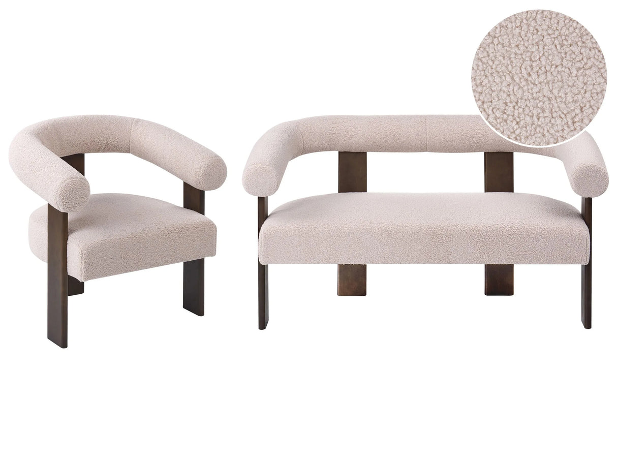 Sofa Set Light Beige and Dark Brown 2 Seater Armchair Boucle Upholstery Retro Design Wooden Legs Living Room Beliani