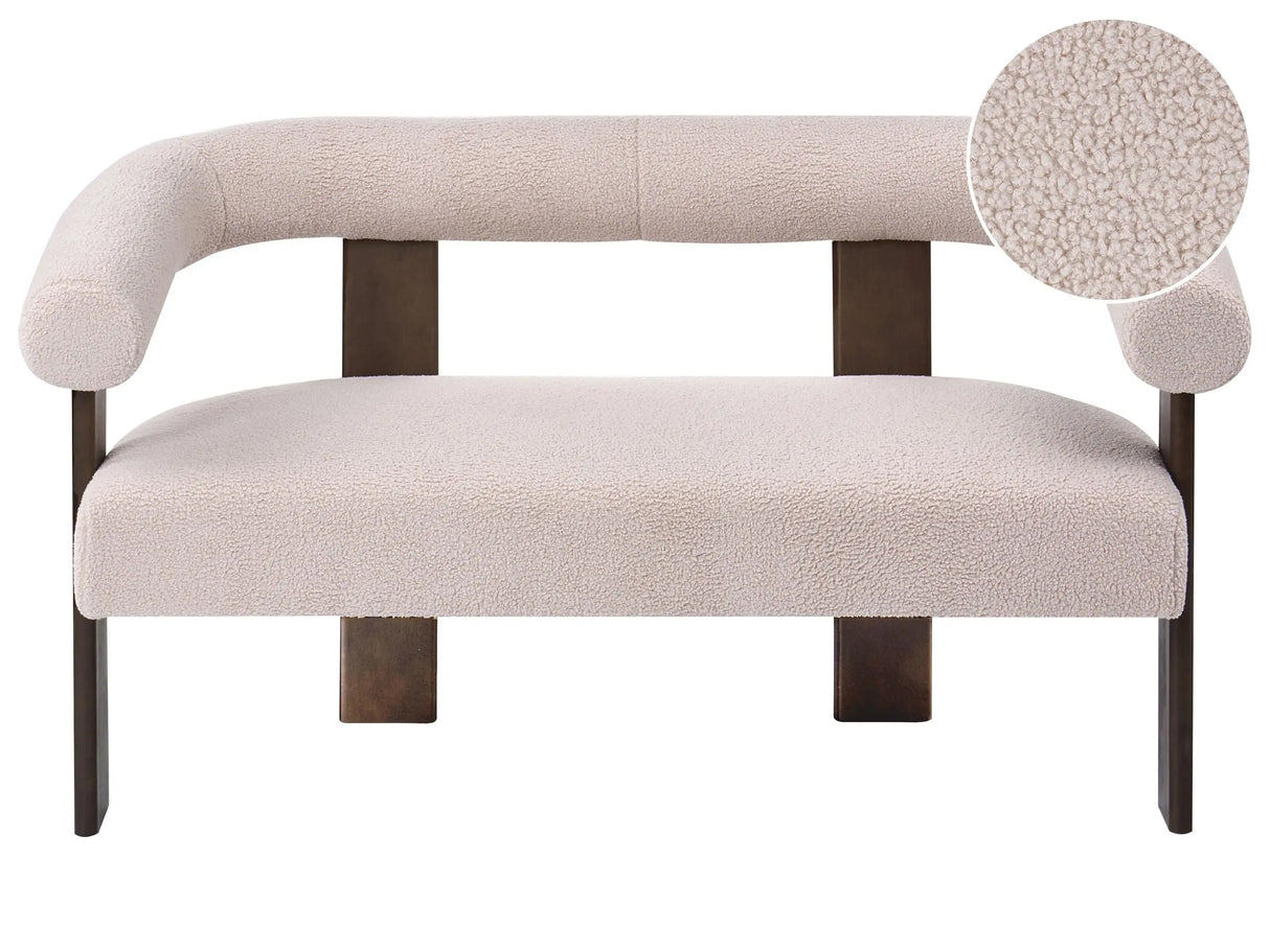 2 Seater Sofa Light Beige and Dark Brown Boucle Upholstery Retro Design Wooden Legs Living Room Beliani