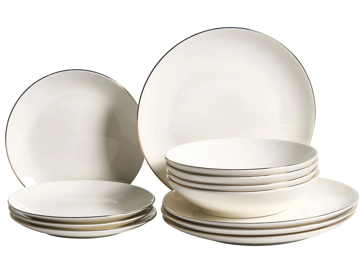 Set of 12 Dinnerware Off-White and Gold Decorative Edges Porcelain Transparent Glaze Finish Kitchen Dining Room Beliani