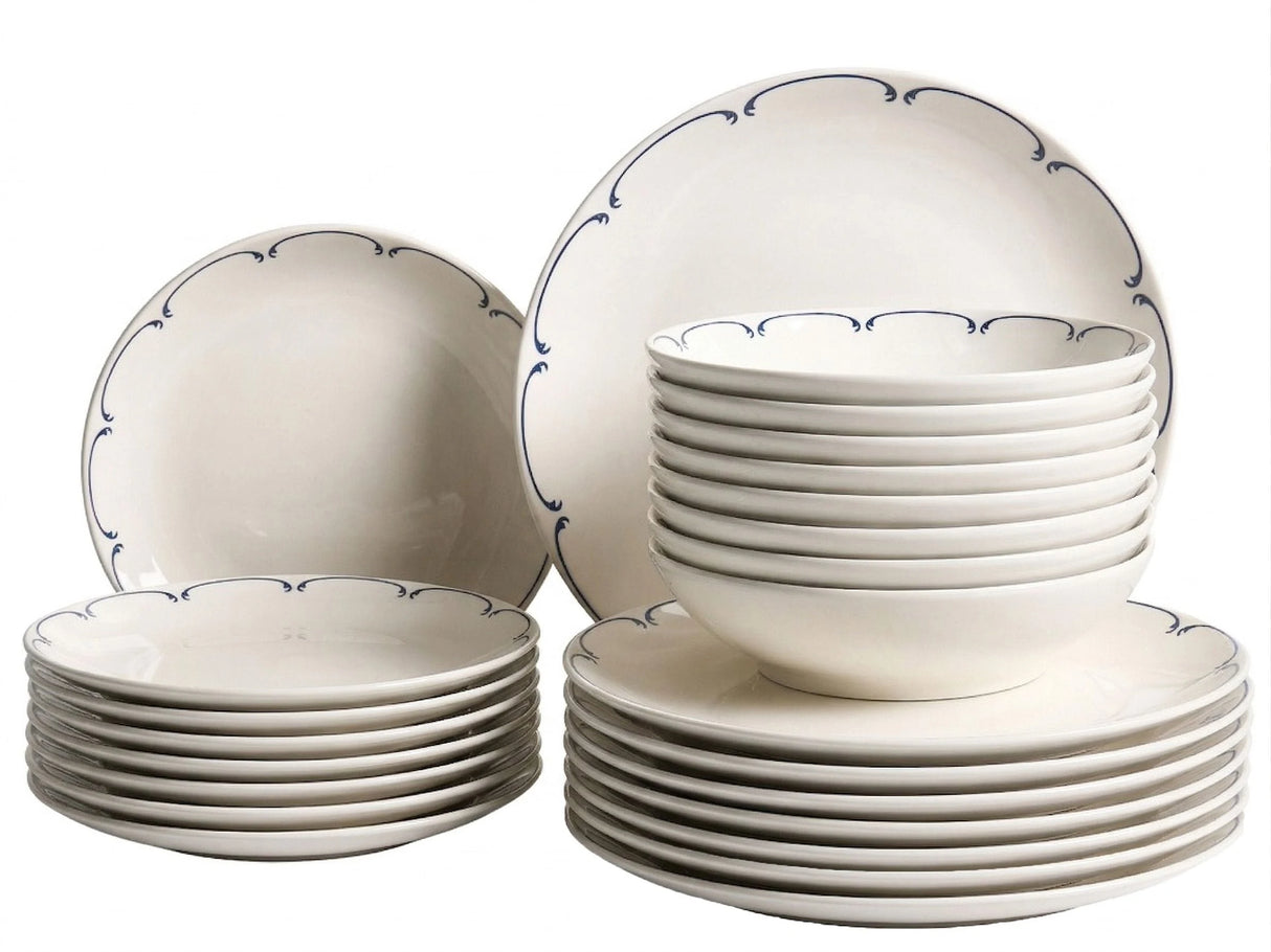 Set of 24 Dinnerware White and Blue Decorative Edges Porcelain Transparent Glaze Finish Kitchen Dining Room Beliani