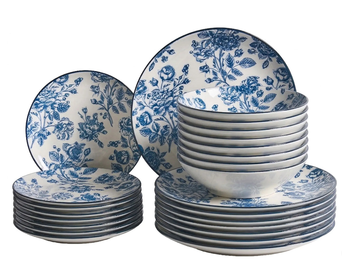 Set of 24 Dinnerware Blue Decorative Floral Pattern Porcelain Transparent Glaze Finish Kitchen Dining Room Beliani