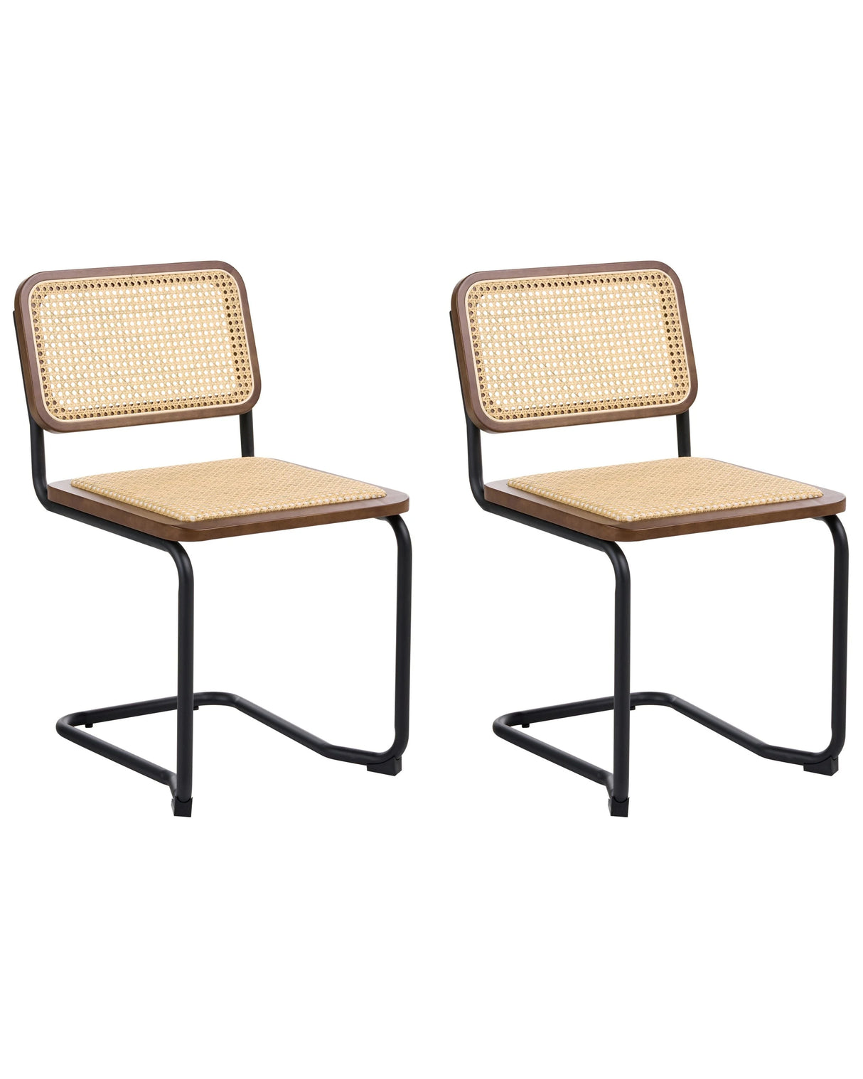 Set of 2 Dining Chairs Brown and Natural Rattan Cantilever Silver Legs Armless Retro Design Beliani