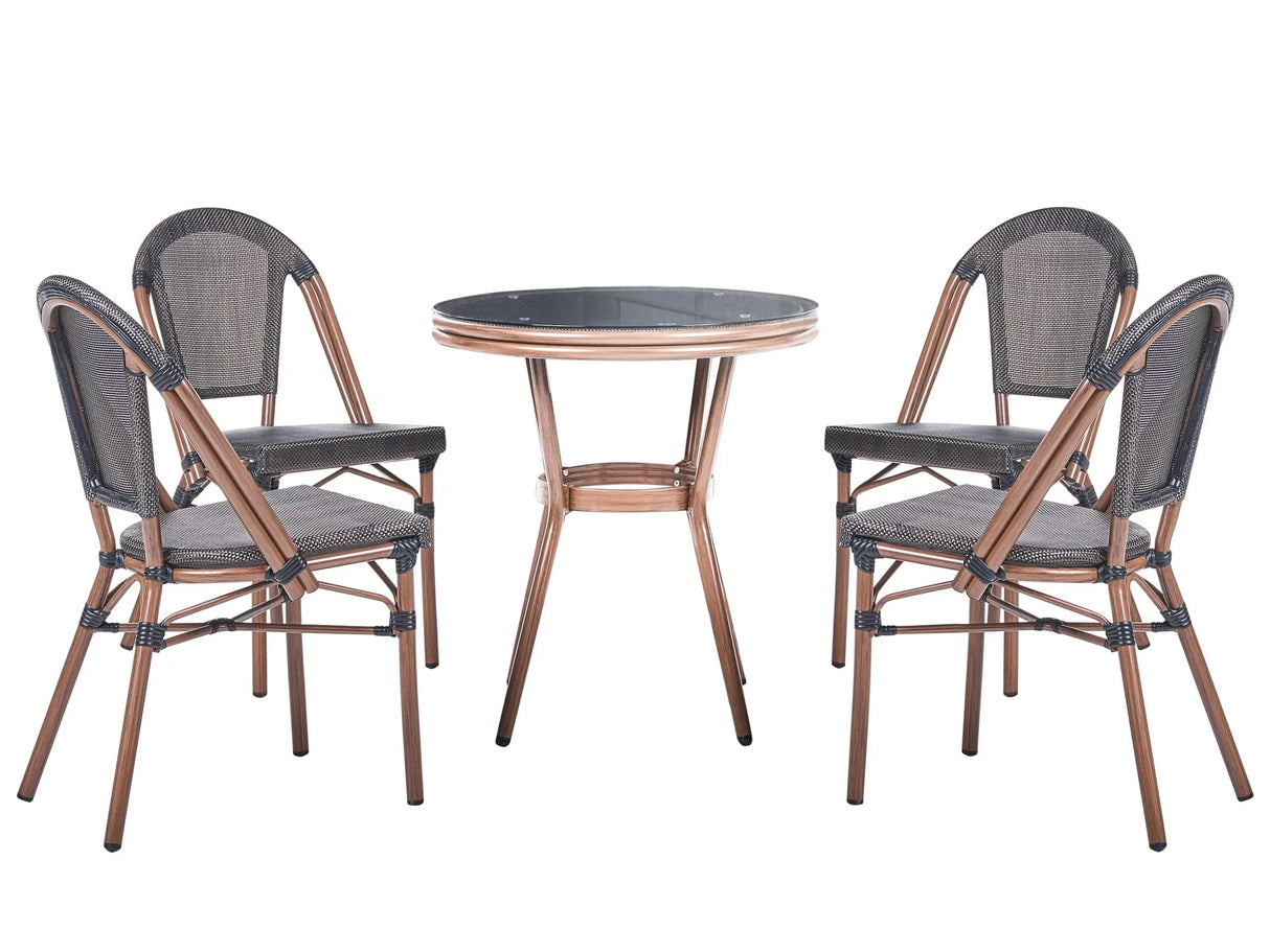 4 Seater Garden Dining Set Grey PE Rattan Top 70 Table and 4 Stackable Aluminium Frame Beliani