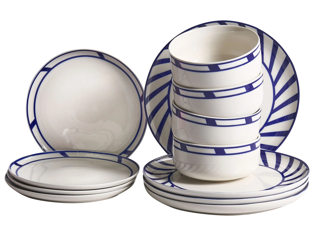 Dinnerware Set White and Blue Porcelain 12 Elements Glazed Finish Decorative Edge For 4 People Handmade Dining Room Kitchen Beliani