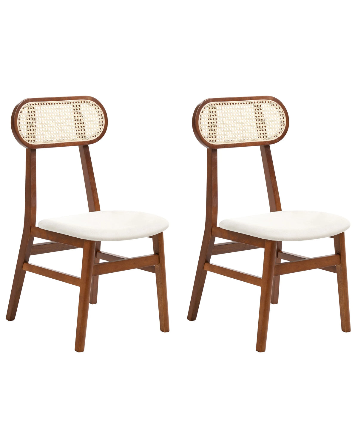 Set of 2 Dining Chairs Brown and Light Beige Polyester Upholstered Seats Rattan Backrest Rubber Wood Frame Viennese Braid Armless Retro Style Beliani