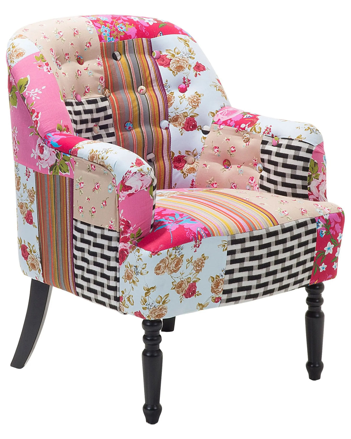 Armchair Multicolour Pink Fabric Patchwork Club Chair Button Tufted Wooden Legs Beliani