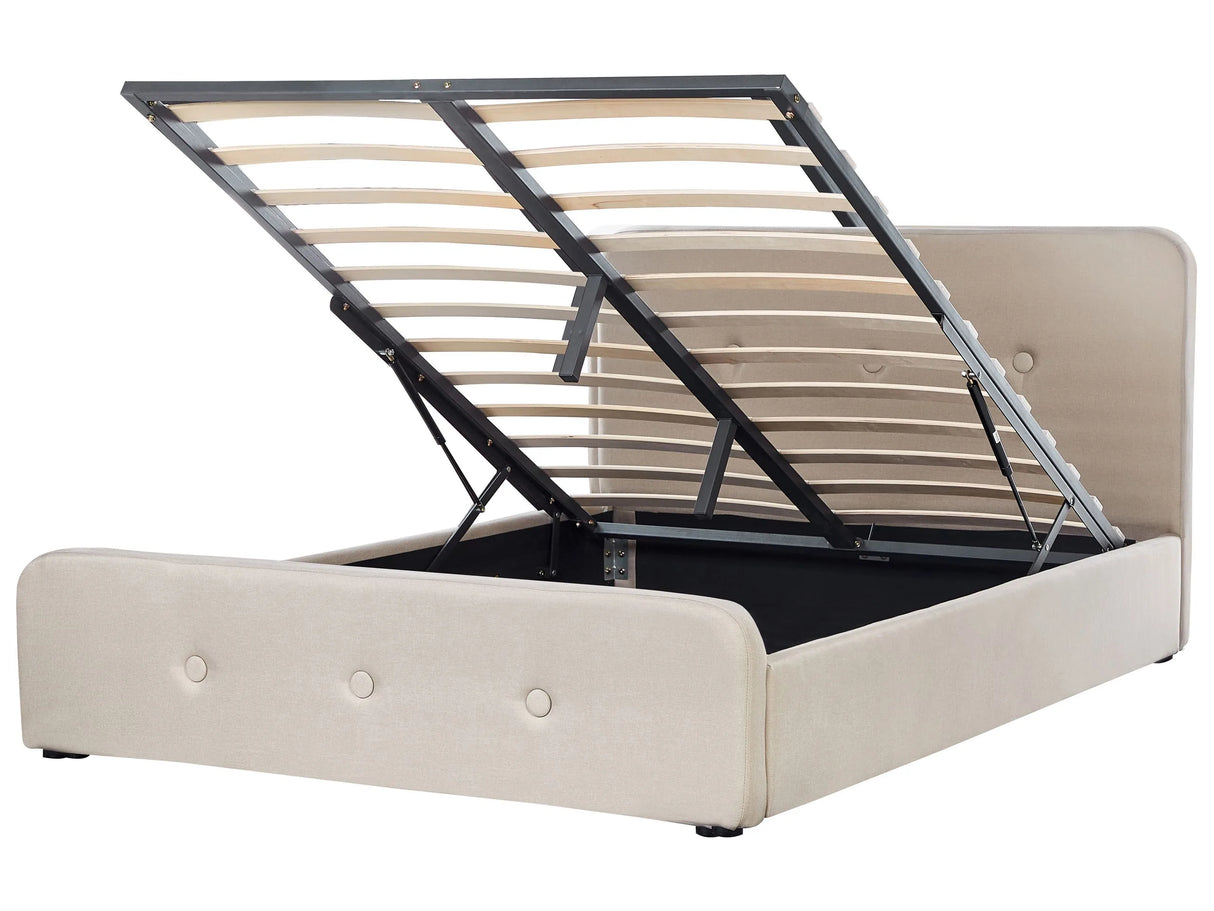 Slatted Bed Frame Beige Polyester Fabric Upholstered Wooden Legs Ottoman Storage 5ft3 EU King Size Modern Design Beliani