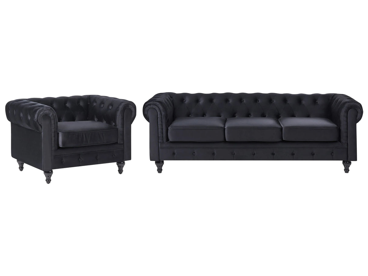 Chesterfield Living Room Set Black Velvet Fabric Upholstery Dark Wood Legs 3 Seater Sofa + Armchair Contemporary Beliani