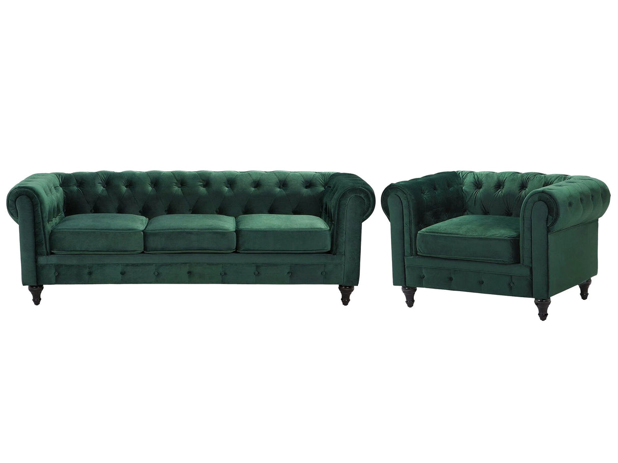 Chesterfield Living Room Set Green Velvet Fabric Upholstery Dark Wood Legs 3 Seater Sofa + Armchair Contemporary Beliani
